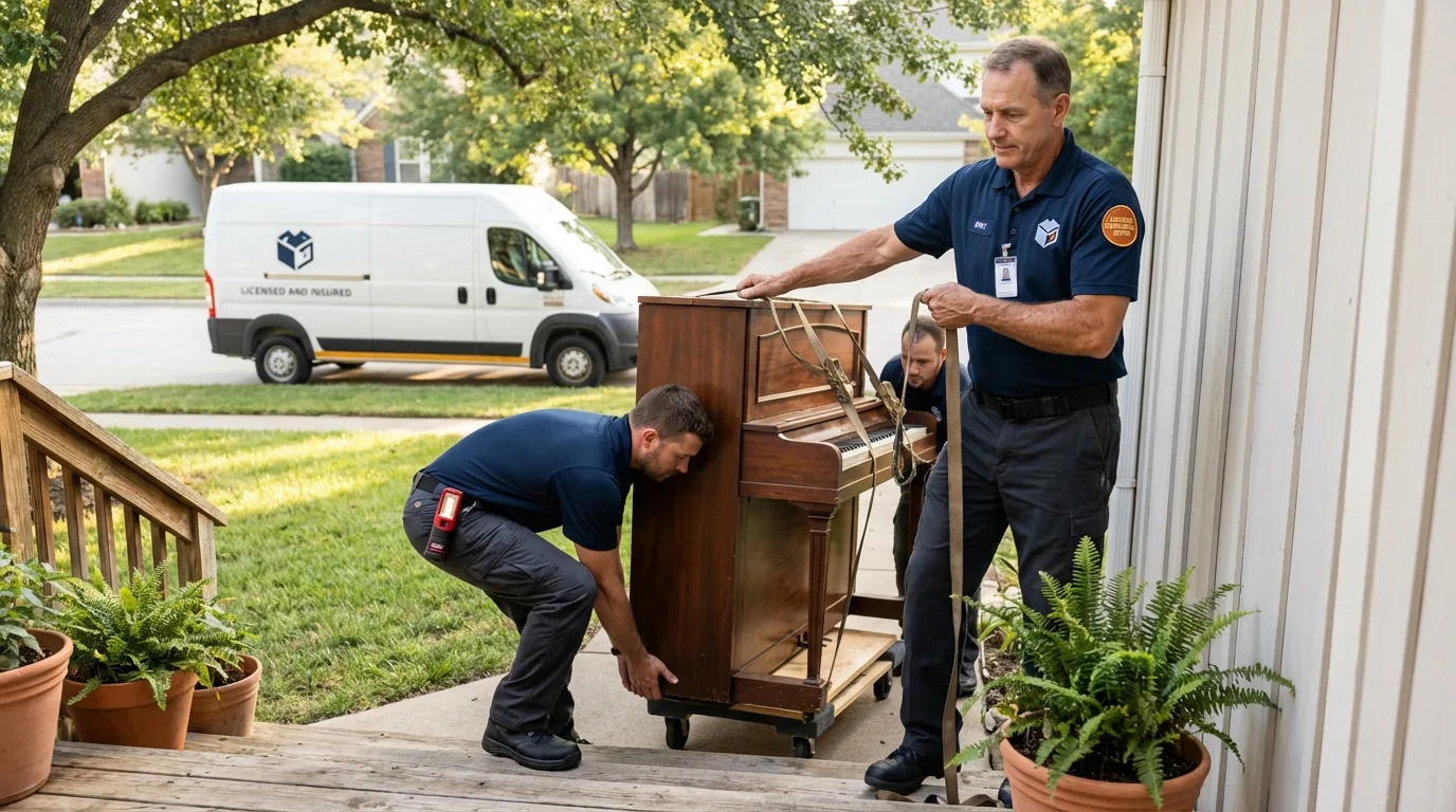 Licensed piano movers securing grand piano in Sheffield, PA