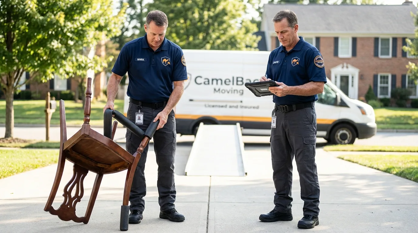 Movers inspecting furniture for damage prevention before loading in Sheffield, PA