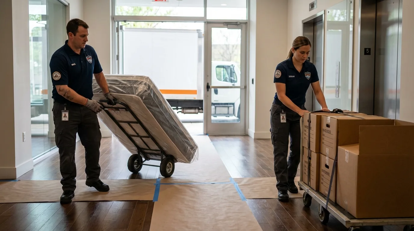Professional apartment movers loading elevator in Sheffield, PA